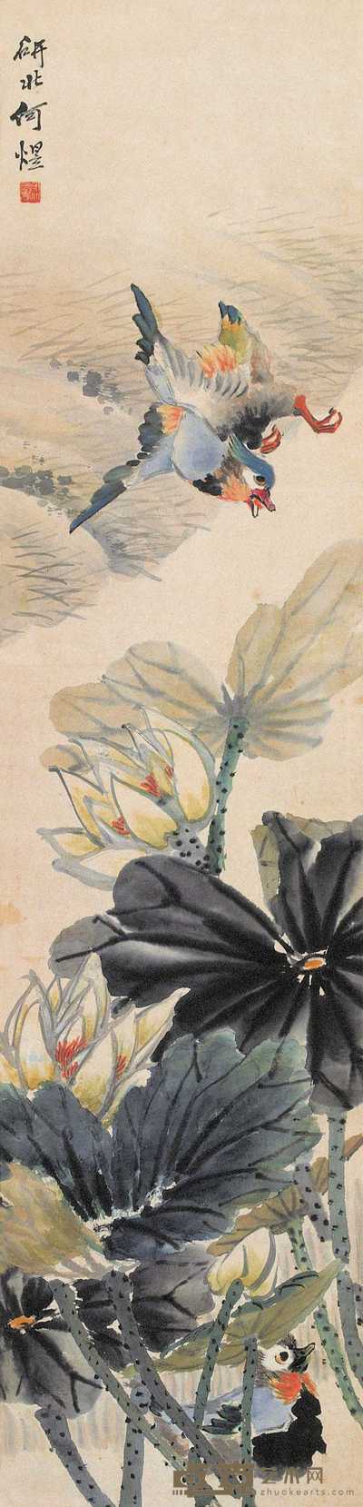 何研北 落花鸳鸯 立轴 133×32cm